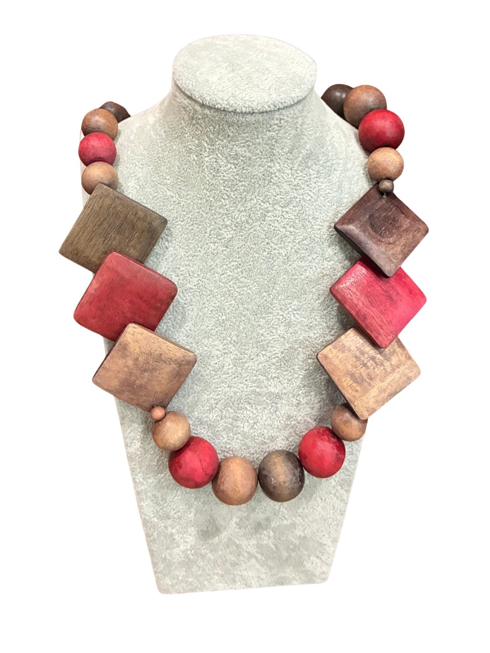 Wood Bead Statement Necklace Red Brown Geometric Boho Artisan 15”